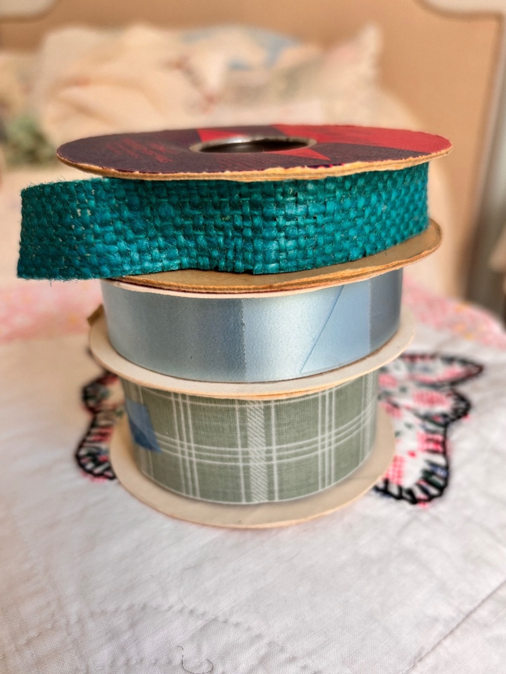 Lot of 3 vintage rolls craft ribbon plaid woven blues greens